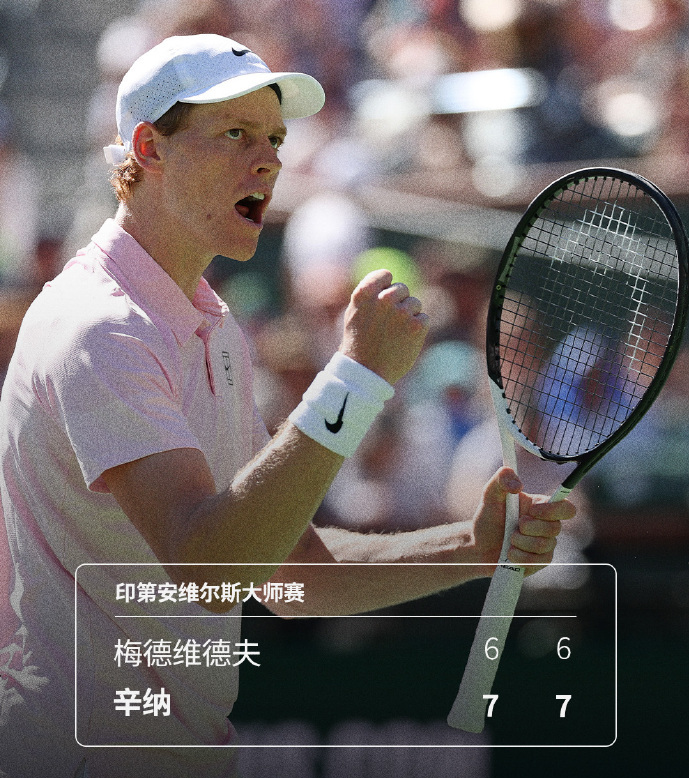 开云-2-0！辛纳4连胜梅总 首夺印第安维尔斯冠军 次盘抢七0-4后连扳7分